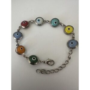 Multicolor Evil Eye Charm Chain Bracelet Womens Adjustable Silver Tone Luck